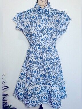 Lapogee Blue & White Printed Mini Dress with Waist Tie